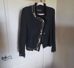 TOV Holy Black Tweed Jacket with Faux Fur Trim and Pearl-Chain Trim